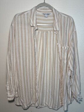 Old Navy Beige & White Striped Lightweight Button-Up Shirt